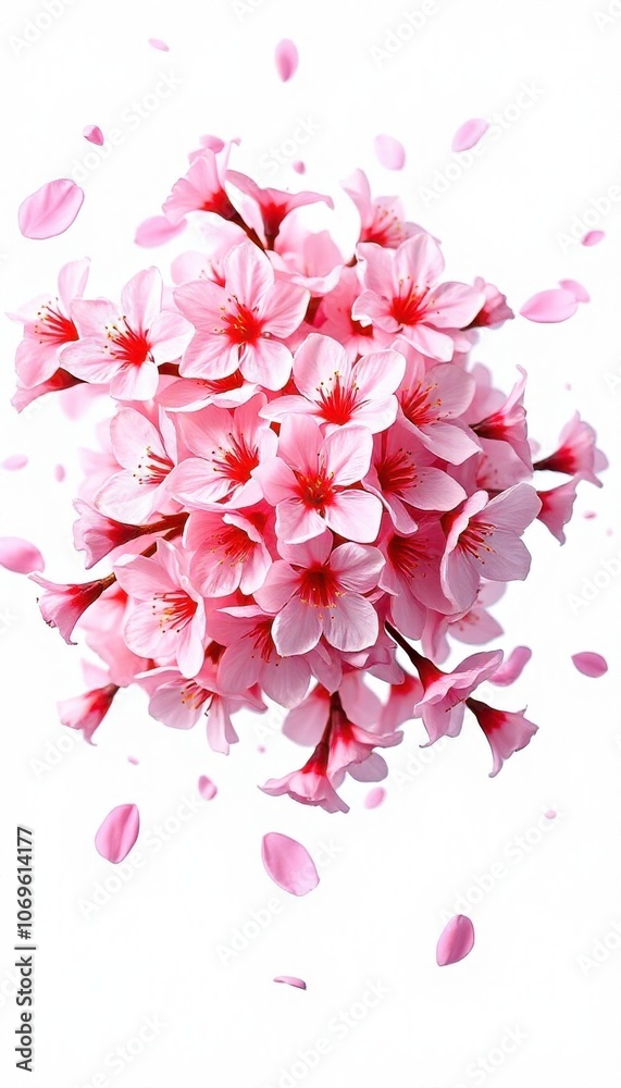Fototapeta premium dynamic scene of pink cherry blossom petals exploding outward, with a soft, neutral background that highlights the vibrant petals