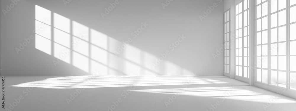 Obraz premium Empty Wihte Studio Room with Light Through Side Window, White Room with Shadow