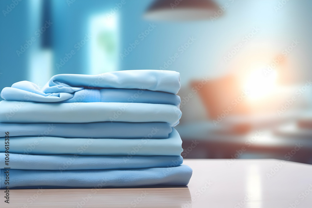 A stack of neatly folded light blue clothes on a table in a softly lit room. A stack of neatly folded light blue clothes on a table in a softly lit room.