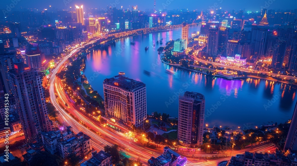 Nighttime Aerial View of Vibrant Cityscape Nighttime Aerial View of Vibrant Cityscape