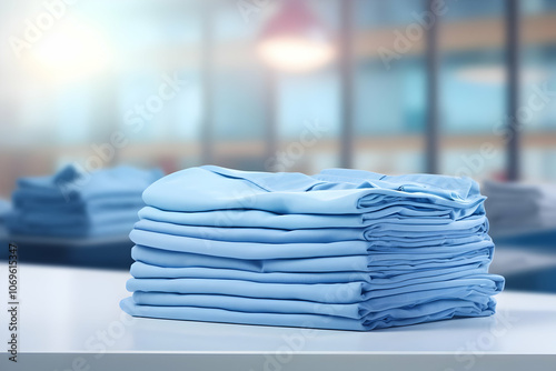 Neatly stacked light blue shirts on a table in a bright, organized workspace.