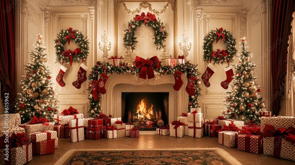 A cozy and festive room adorned with Christmas decorations, including beautifully decorated trees, stockings, and wrapped gifts by a warm fireplace. A cozy and festive room adorned with Christmas decorations, including beautifully decorated trees, stockings, and wrapped gifts by a warm fireplace.