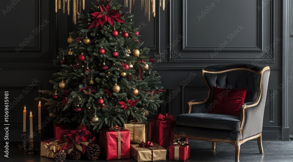 A beautifully decorated Christmas tree with red and gold ornaments, surrounded by festive gifts, set against a dark wall and elegant chair. A beautifully decorated Christmas tree with red and gold ornaments, surrounded by festive gifts, set against a dark wall and elegant chair.