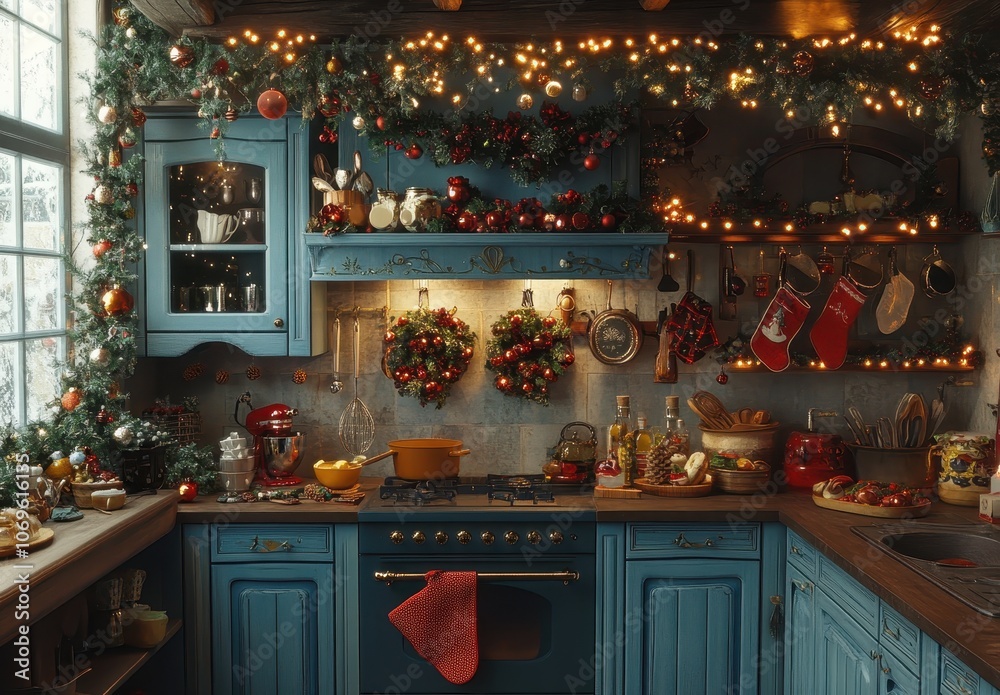 A cozy, festive kitchen decorated for Christmas with blue cabinets, garlands, lights, stockings, and holiday treats creating a warm atmosphere. A cozy, festive kitchen decorated for Christmas with blue cabinets, garlands, lights, stockings, and holiday treats creating a warm atmosphere.