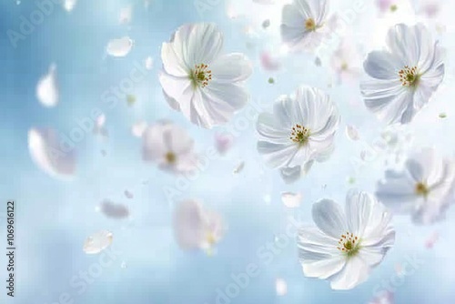 White flowers and petals fall against a soft blue sky.