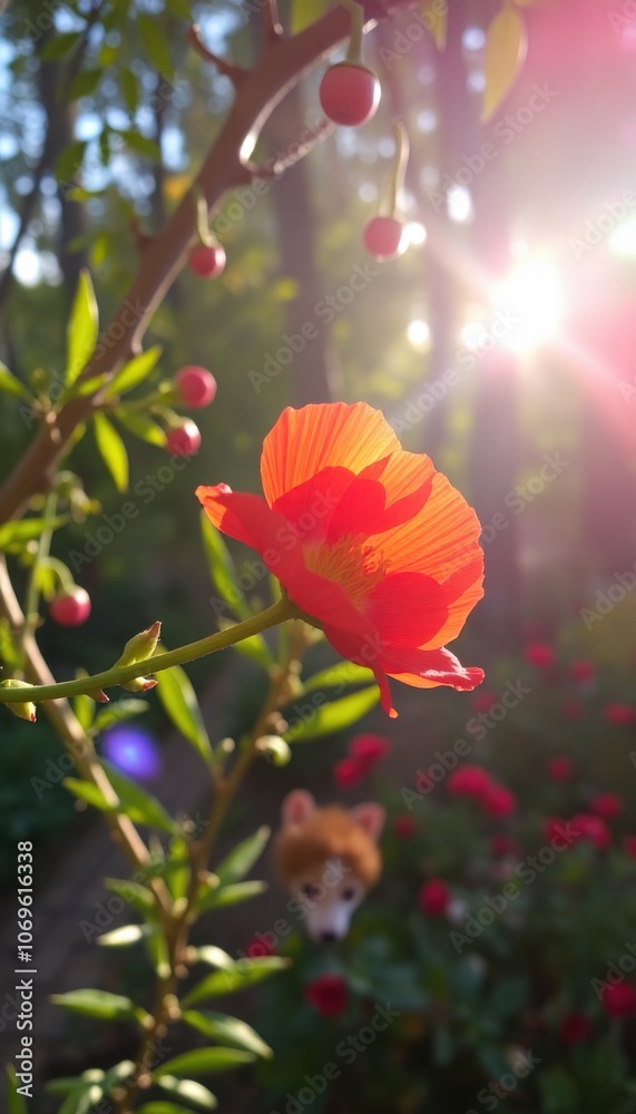 Obraz premium red flower, possibly a poppy, blooming on a tree branch with bright sunlight creating a warm glow. The background is a forest or garden with blurred greenery.