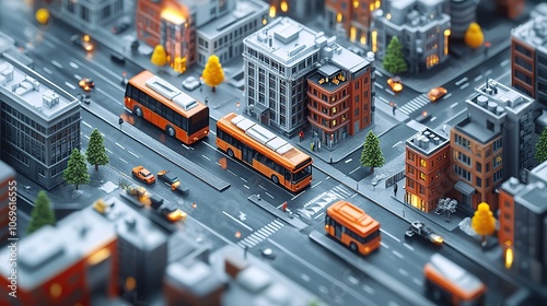 An isometric icon set displays various vehicles, from buses to sport cars, highlighting transportation options in a modern urban environment.