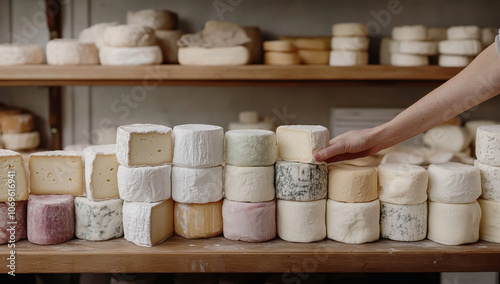 Hand Arranging Diverse Artisan Cheeses on a Wooden Shelf