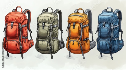 An outline illustration of a school backpack, also applicable for hiking, emphasizing versatility and design. photo