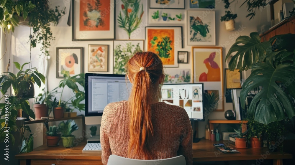 A woman with red hair is sitting at a desk with a computer monitor. There are several potted plants in the background A woman with red hair is sitting at a desk with a computer monitor. There are several potted plants in the background