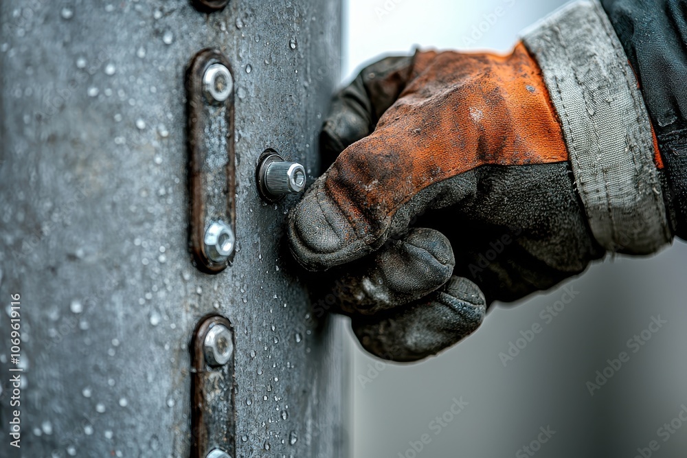 Worker tightening a metal bolt with a gloved hand, industrial setting. Worker tightening a metal bolt with a gloved hand, industrial setting.