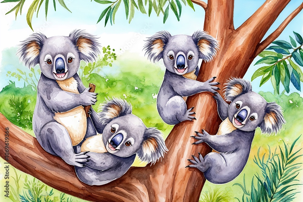 Charming Watercolor Art of Playful Koalas in Authentic Australian Environment Charming Watercolor Art of Playful Koalas in Authentic Australian Environment