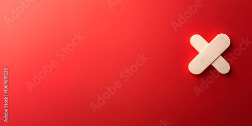 A Bandaid icon situated on the right side, isolated on a panoramic red backdrop with plenty of room for text.