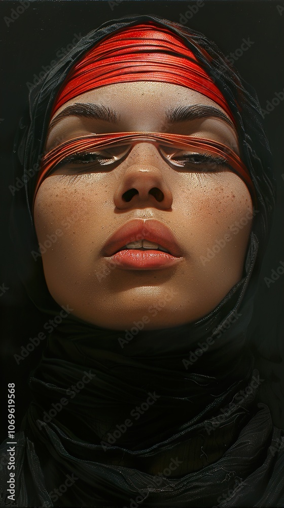 Close-up Portrait of a Woman with Red Ribbon and Scarf, Contemporary Art Close-up Portrait of a Woman with Red Ribbon and Scarf, Contemporary Art