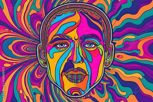 Psychedelic Retro Digital Art Colorful Doodle Human Face Abstract Pattern