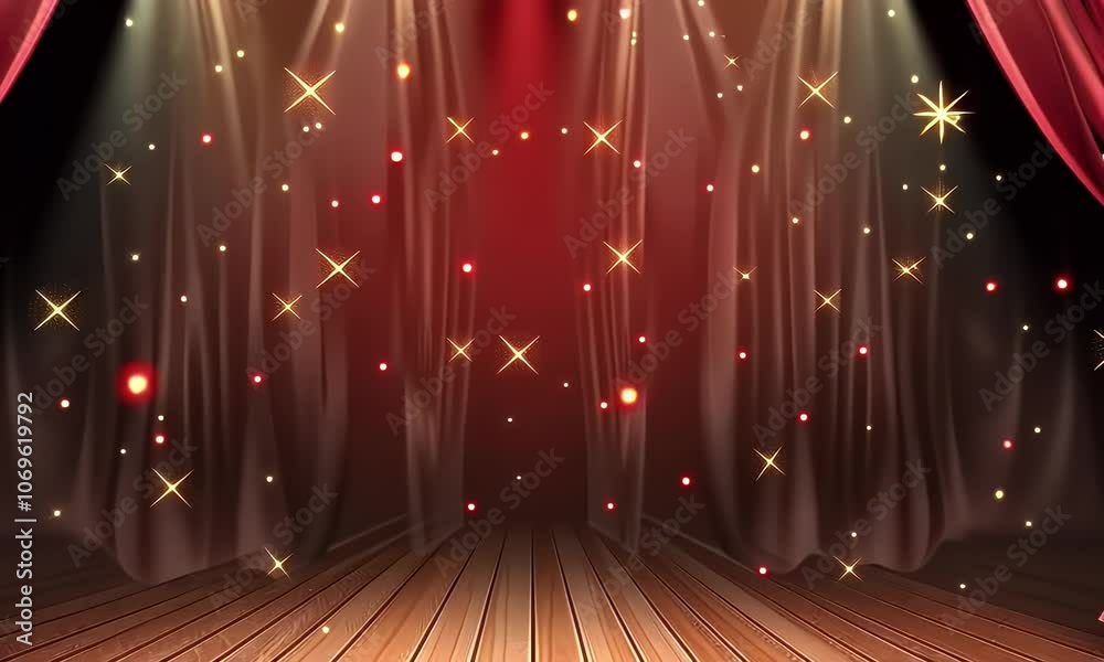 Red stage curtain with lights and wood floor background for theater performance or show vector illustration