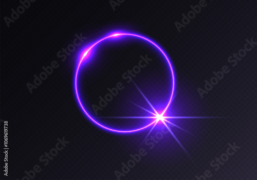 Purple light flare, glowing shiny sparkle, lens flare effect, bright glimmering glare. Vector illustration.