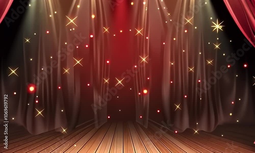 Red stage curtain with lights and wood floor background for theater performance or show vector illustration