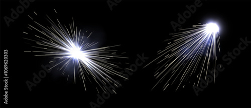 Realistic welding sparks, metal sparkles from the welding machine, glowing particles in motion, firework effect. Vector illustration.