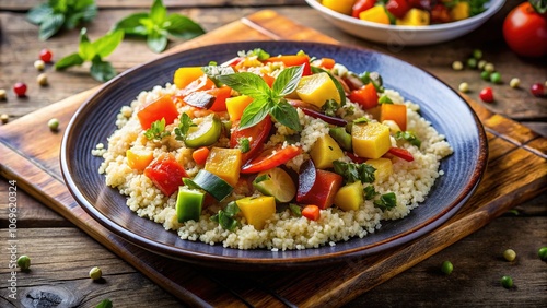 Drone Shot Couscous with Vegetables, Delicious Healthy Meal, High Angle