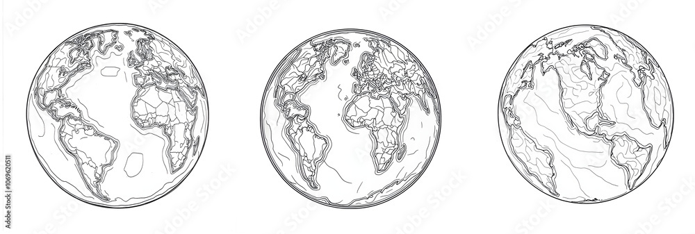 Obraz premium Collection of Simple Line Art Illustration of Earth Globes on white and transparent background. PNG