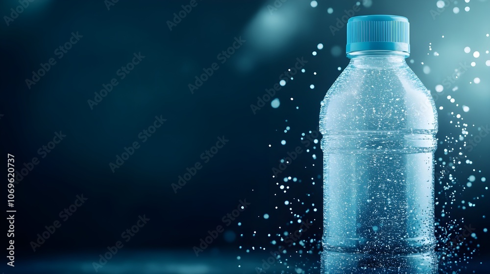 A bottle of water is sitting on a table with a blue background A bottle of water is sitting on a table with a blue background