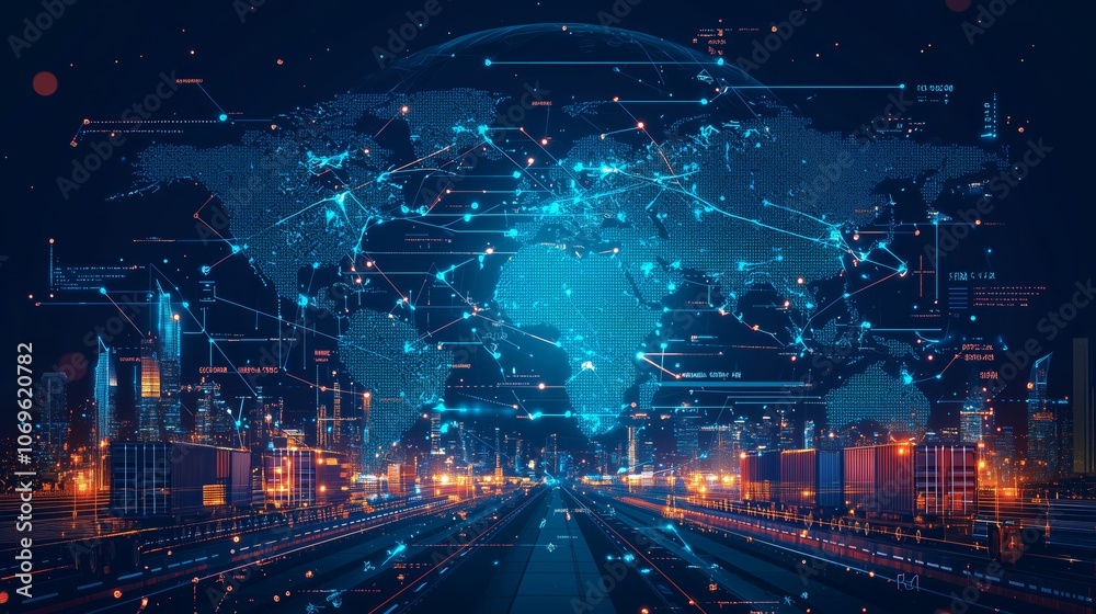 Fototapeta premium Global Logistics Network Map with Cargo Routes