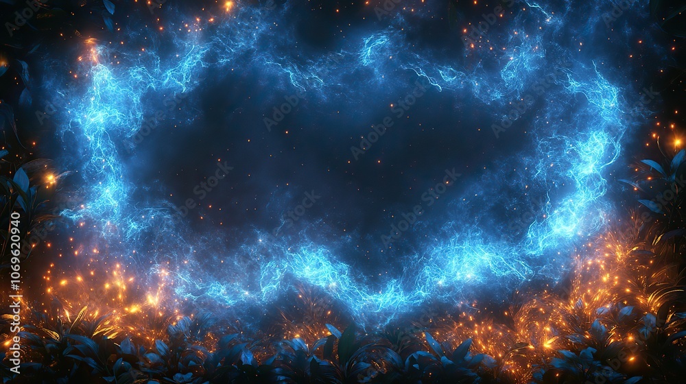 Naklejka premium Blue lightning frames create electric borders around photo frames, emphasizing magical and energetic design elements.