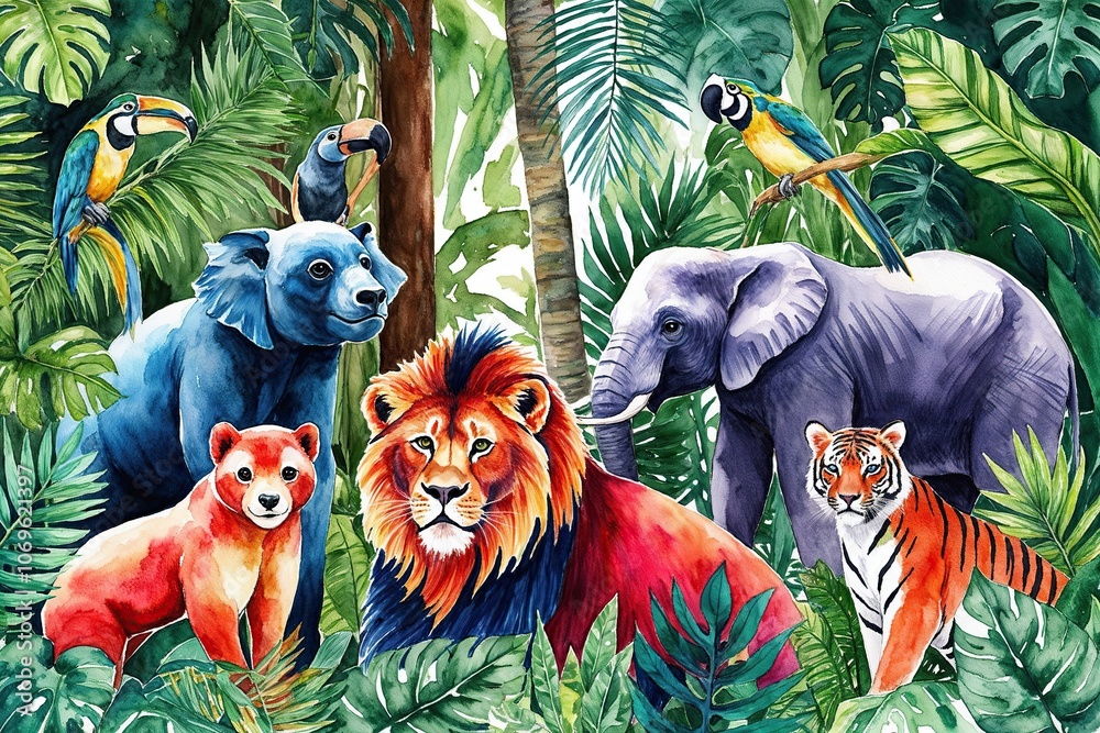 Naklejka premium Vibrant Tropical Animals and Lush Rainforest Foliage Watercolor Art Illustration