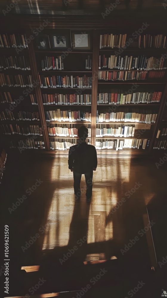 A person stands in a library, illuminated by sunlight filtering through shelves of books.