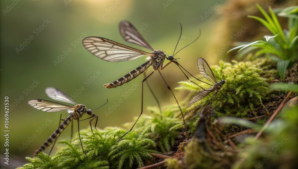 Close-up of Mosquitoes Resting on Moss in a Forest Setting. Generative AI Close-up of Mosquitoes Resting on Moss in a Forest Setting. Generative AI