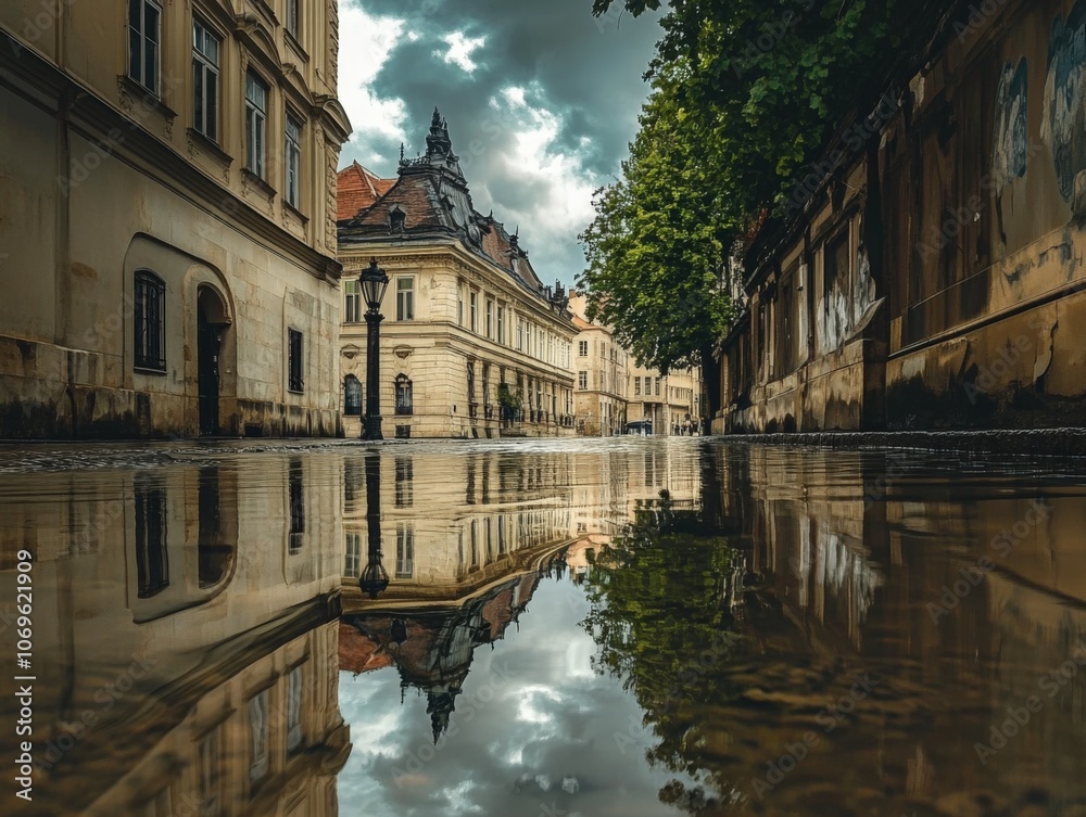 Obraz premium Reflected European Cityscape After Rain