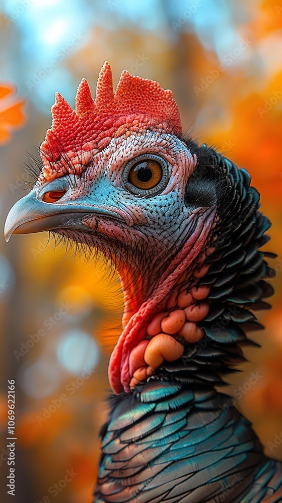 Close-Up Portrait of a Wild Turkey's Head with Vibrant Feathers