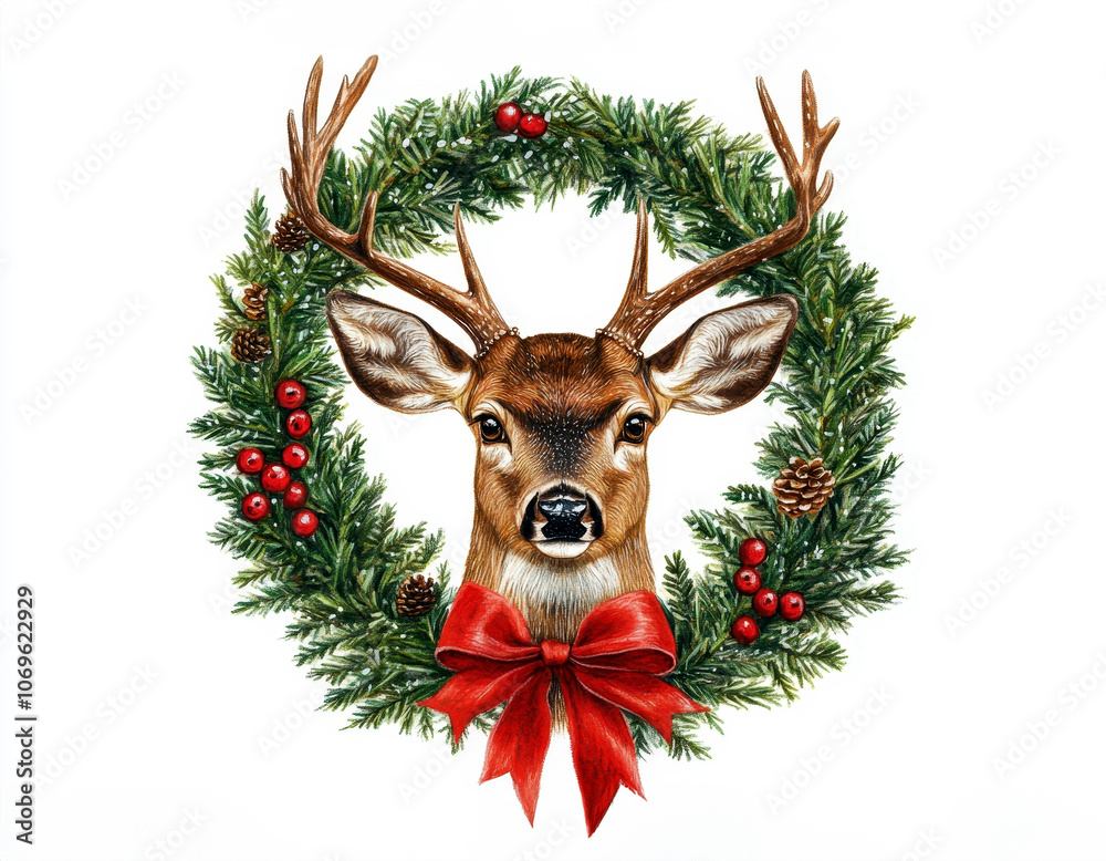 Christmas deer head with red bow and Christmas wreath on white ...