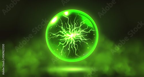 Crystal magic ball, mystic prophecy orb with lightning inside, oracle sphere with sparkling stars and electric charge. Fantasy vector illustration.