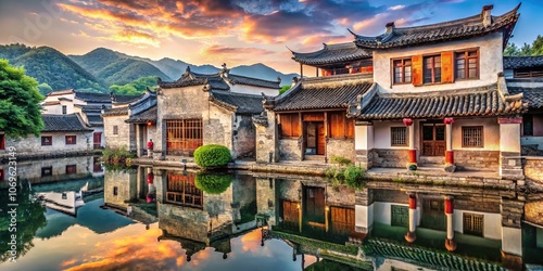 Hongcun Huangshan Hui Architecture, Traditional Chinese Village, AI Photorealistic