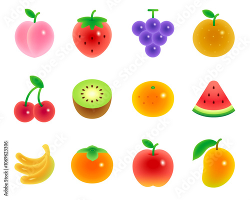 Various fruit color icons set in gradient illustration style. Delicious and cute fruits such as bananas, apples, cherry, peach, strawberry, grape, kiwi, mango, etc.