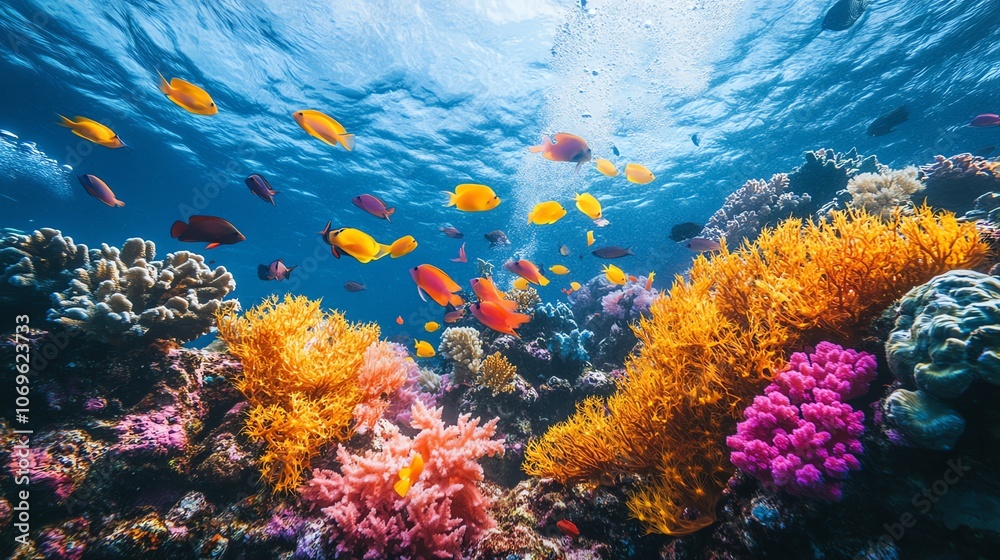 Fototapeta premium A vibrant underwater scene with colorful coral reefs and fish swimming in a clear blue ocean.