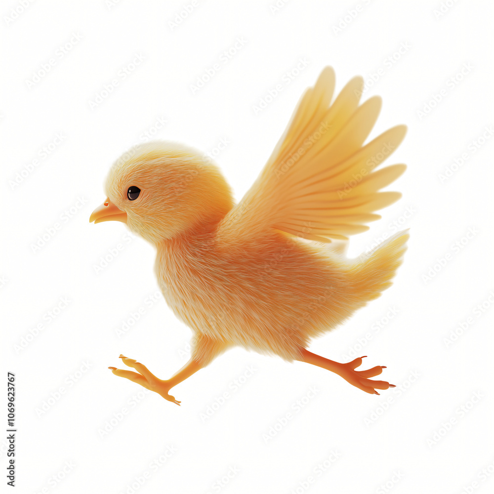 Fototapeta premium Fluffy yellow baby chicken standing isolated on a white background