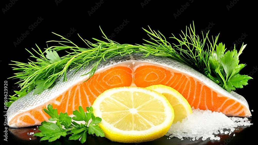 Fresh Salmon with Lemons and Herbs on Black Background Fresh Salmon with Lemons and Herbs on Black Background