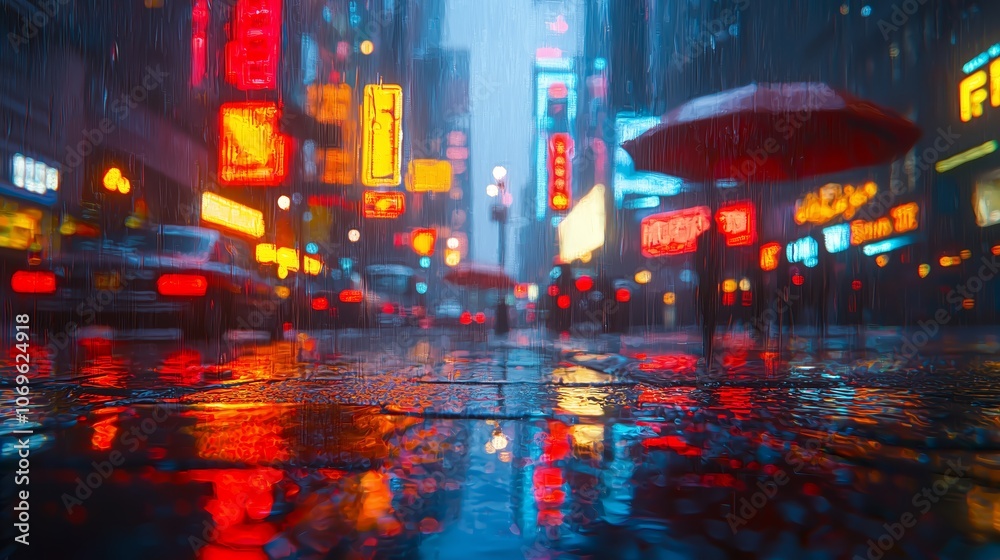 Naklejka premium Neon Streets in Rainy Cityscape at Night