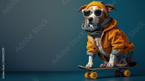 Dog wearing trendy clothes and sunglasses, and skatebord on dark blue background with copy space photo