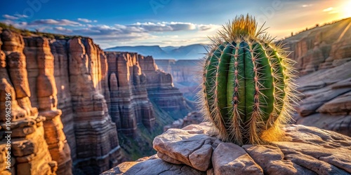 A solitary cactus perched on a rocky precipice, overlooking a majestic canyon bathed in the warm glow of sunrise. photo