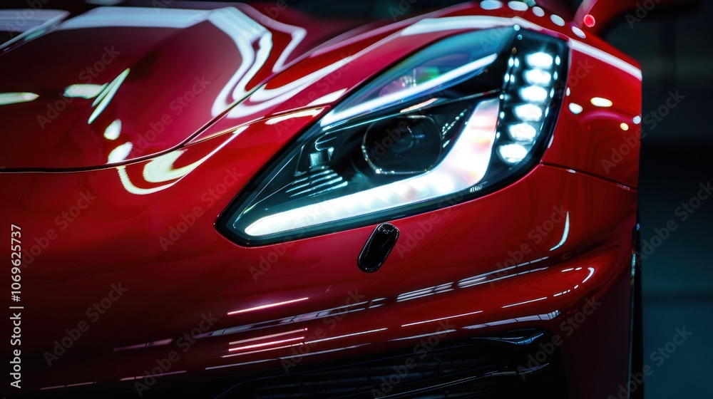 Fototapeta premium Modern red sports car LED headlights with black background and copy space, AI generated image