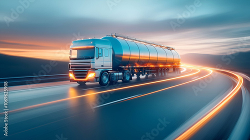Big fuel tanker truck shipping fuel on highway road in motion. Gasoline tanker, oil trailer, fast driving