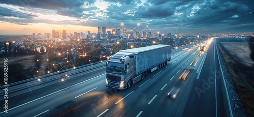 trucks on the highway with a city skyline in the background.