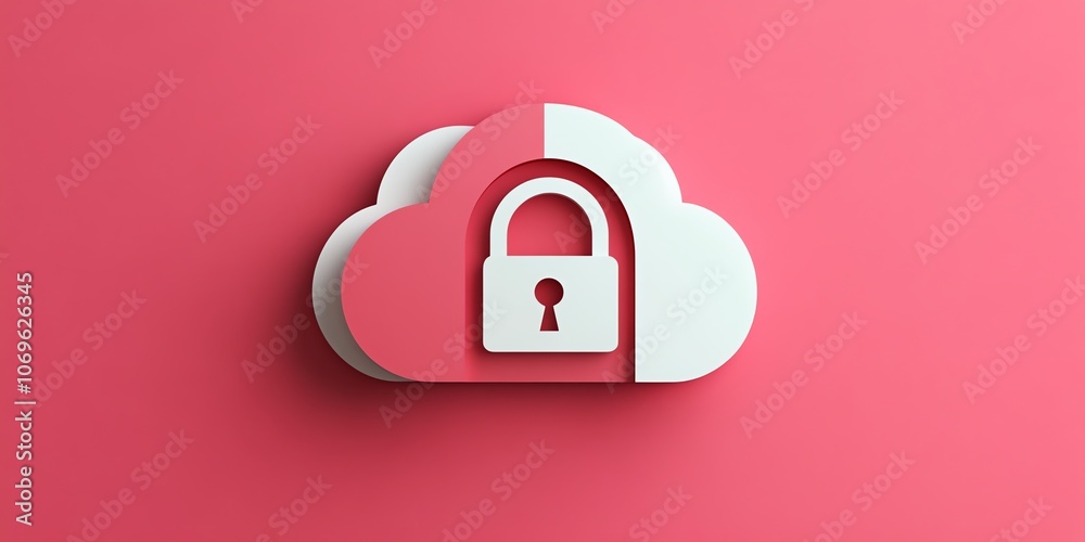 A white cloud with a padlock inside, representing data security, isolated against a pink background. A white cloud with a padlock inside, representing data security, isolated against a pink background.