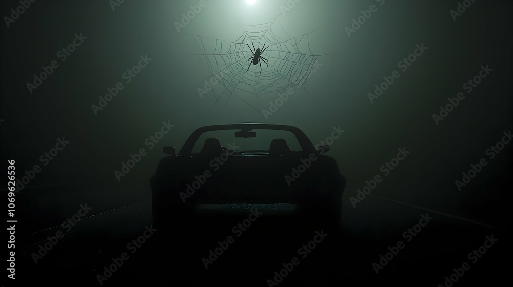 Car Driving into Fog with Spider Web Above, road, night, dark, mysterious, spooky Car Driving into Fog with Spider Web Above, road, night, dark, mysterious, spooky