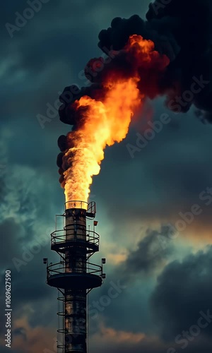 An industrial gas flame tower with sky in the background, showing one single torch on top of the structure, with gas and smoke coming out from it. The plant is located at a oil,