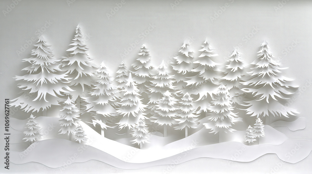 White paper cut out forest with layered trees and snow, creating serene winter scene